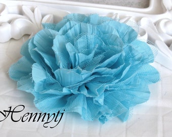 2 pcs New Large Shabby Chic Frayed Wrinkled Cotton Voile and Tulle Rose Fabric Flower - SKY Blue / Aqua