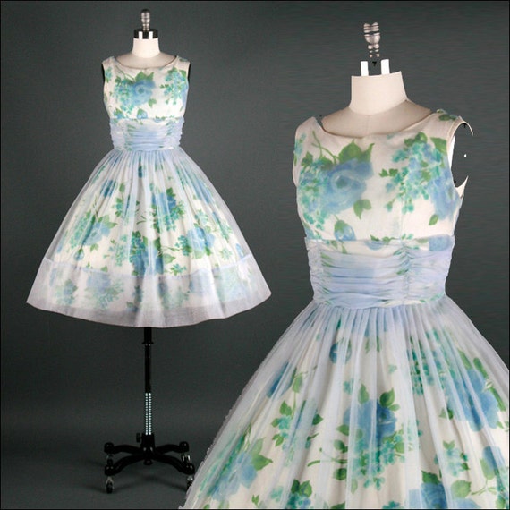 Vintage 1950s Dress . Blue Chiffon . Floral by millstreetvintage