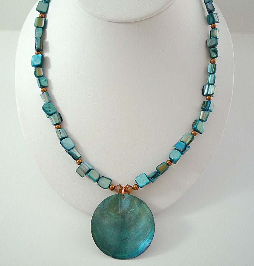 Blue Mother of Pearl Necklace with Blue Shell Copper Beads and