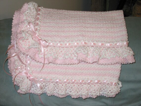 Pink White Crocheted Baby Blanket Afghan Lacey Ruffles