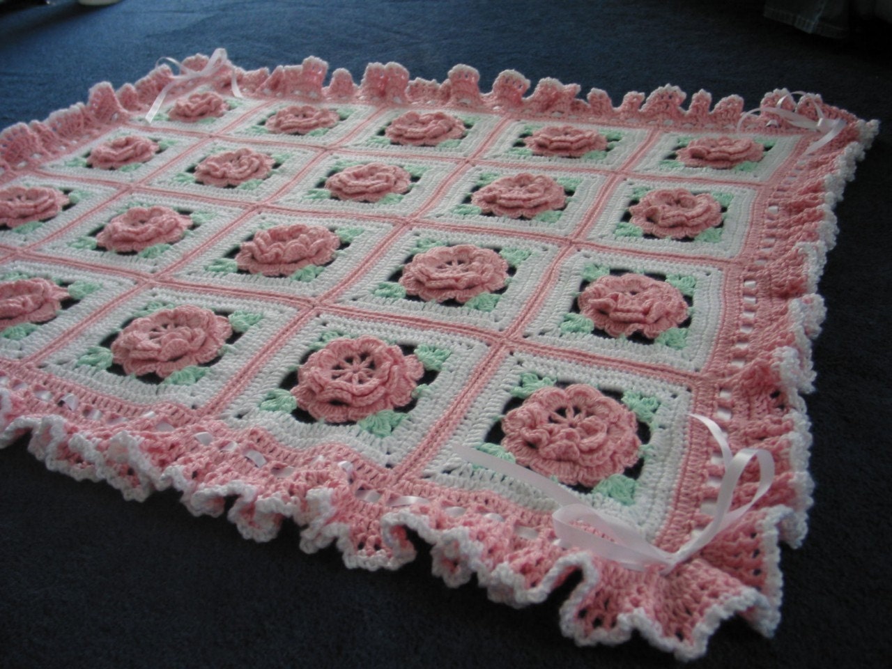 Pink Roses and Ruffles Crochet Blanket Throw Afghan Ready to