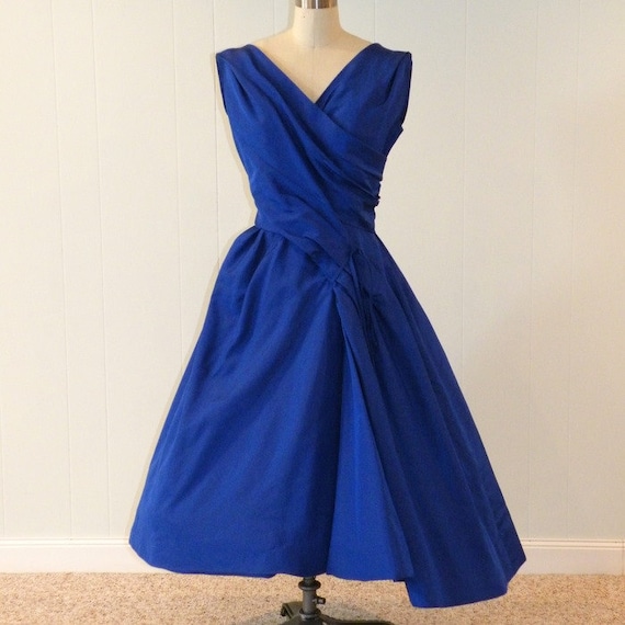 1950s 50s Dress Sapphire Blue Cocktail Wedding Party Dress