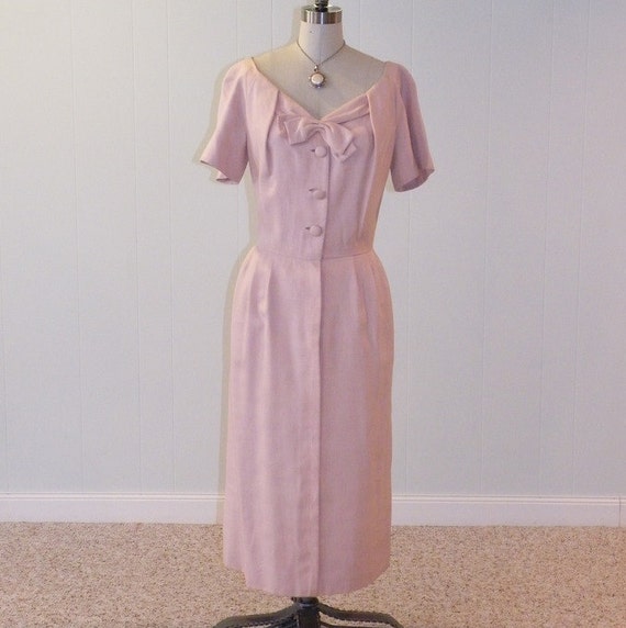 1950s 50s Dress Pale Pink Silk Linen Cocktail by daisyandstella