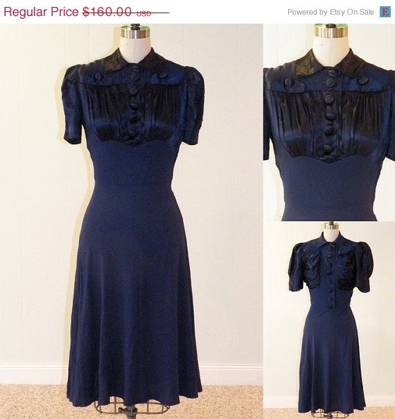 ON SALE RESERVED 1930s 30s Dress Set Navy Blue Crepe Silk