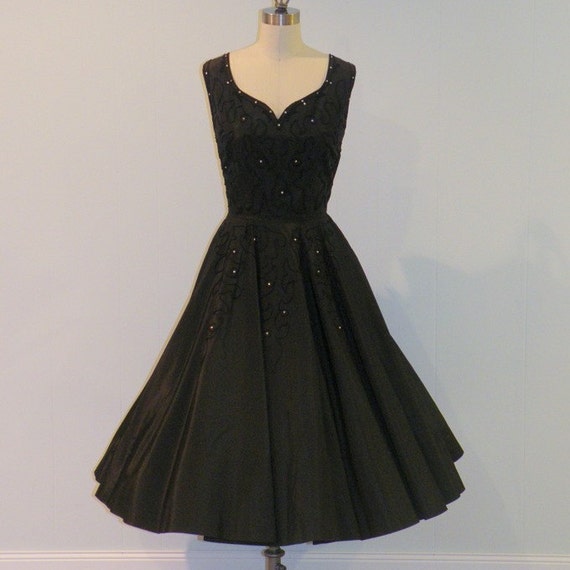 Vintage 50s Dress Black Taffeta Rhinestones Soutache