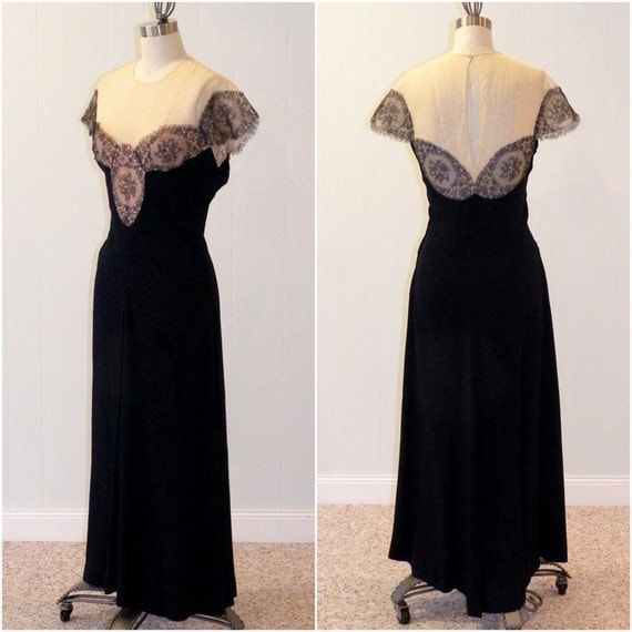 1940s Dress 40s Rayon Dress Dark Blue Floral Net Lace