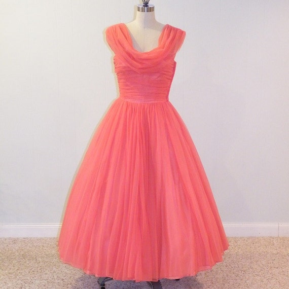 Vintage 50s Dress 1950s Dress Coral Pink Nylon Chiffon