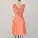 Vintage 60s Salmon Pink Heavily Beaded Rhinestone Silk Shantung Formal Cocktail Wedding Party Dress, Plunging V Neckline, Large