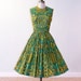 Vintage 1950s 50s Dress, Turquoise Green Medallion Print Cotton Swing Day Dress, Full Skirt, Lanz Original