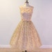 1950s Dress / 50s Dress, Pale Peach White & Gold Metallic Floral Print Organza Formal Garden Wedding Party Dress, Satin Bow Sash, Full Skir