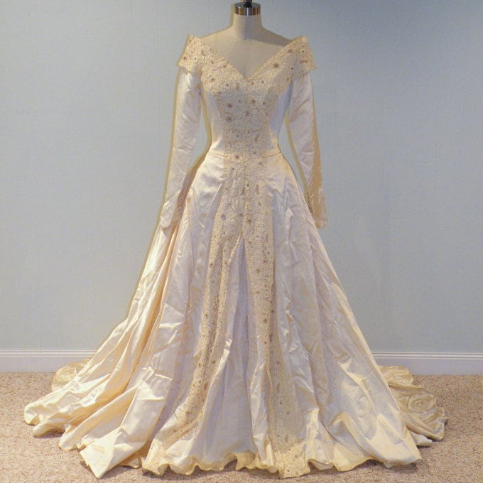 1940s 40s  Wedding  Dress  Ivory Cream Duchess Satin Full Length