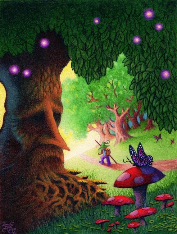 Items similar to Fantasy Art Print Colored Pencil Tree Fireflies Butterfly Drawing Through