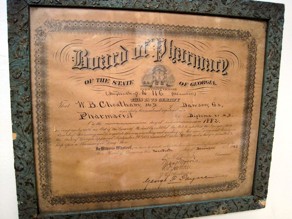 1903 Vintage Framed Pharmacist License Dawson