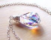 Swarovski Aurora Borealis Crystal Necklace, Wire Wrapped Glass Helix Teardrop, Prism, Rainbow, Sterling Silver Pendant Necklace Gift For Her