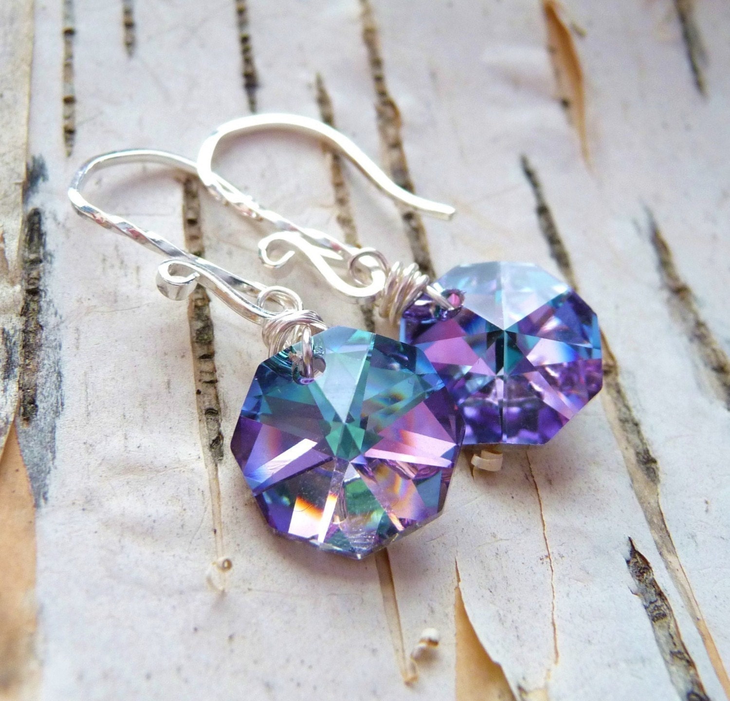 Violet Crystal Earrings Purple & Pink Czech Octagon