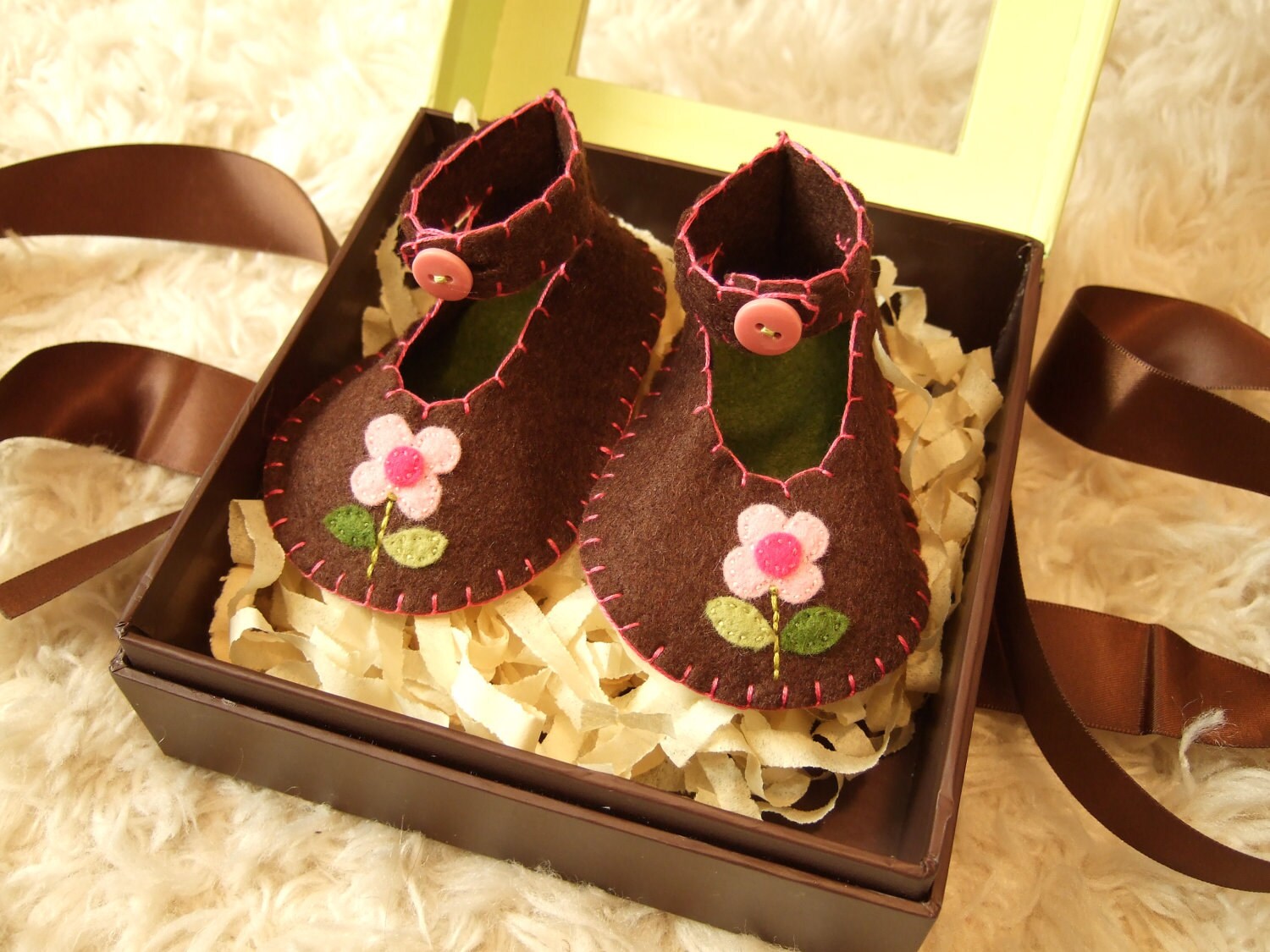 Chocolate Brown Baby Booties with Flowers Felt Baby Shoes