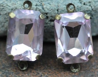 Petite Set of 2 Vintage Pink Crystal Glass 15mm x 10mm Octagon Antique Brass Mounted stones Double hole mount for Earrings or Pendant
