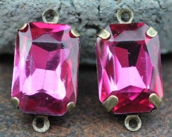 Petite Set of 2 Vintage Topaz Magenta Glass 15mm x 10mm Octagon Antique Brass Mounted stones Double hole mount for Earrings or Pendant