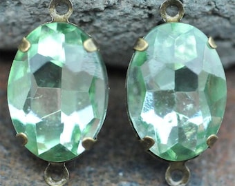 Petite Set of 2 Vintage Peridot Glass 10mm x 14mm Oval Antique Brass Mounted stones Double hole mount for Earrings or Pendant