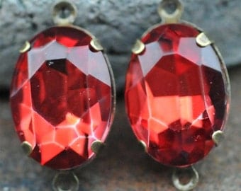 Petite Set of 2 Vintage Ruby Red Glass 10mm x 14mm Oval Antique Brass Mounted stones Double hole mount for Earrings or Pendant