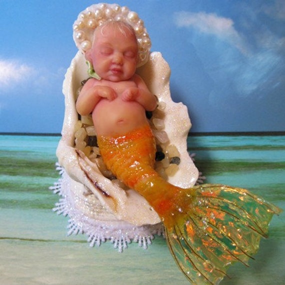 RESERVED-Baby Goldfish OOAK Polymer Clay Mermaid Doll