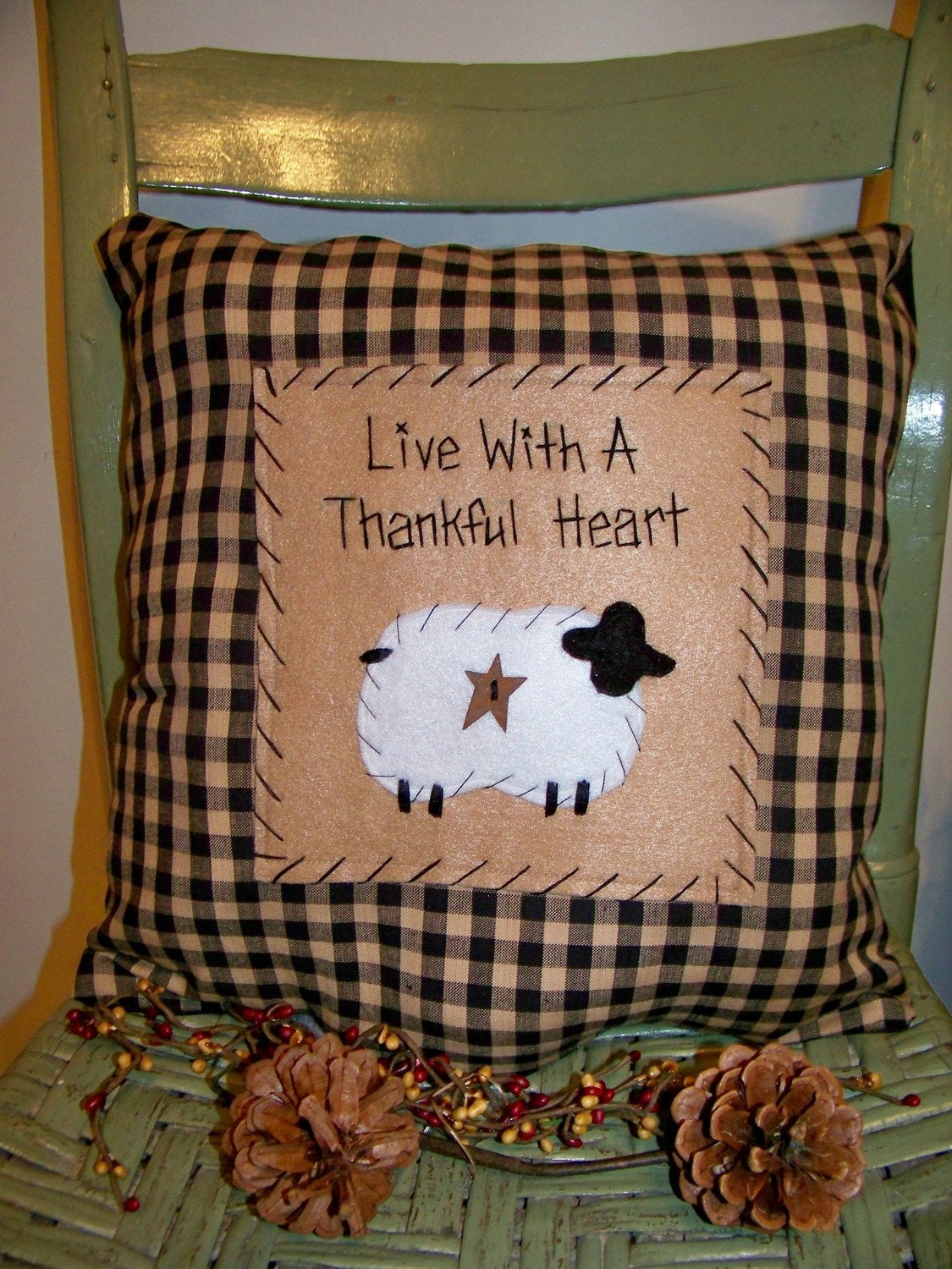 Sheep Pillow Primitive Stitchery Country Decor Rustic Accent
