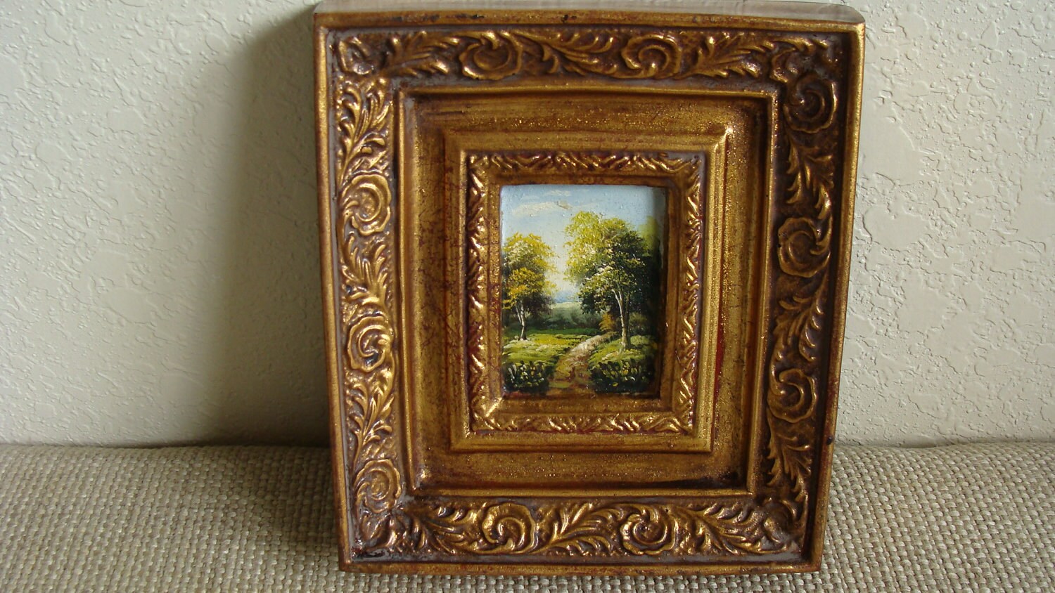 Vintage Miniature Oil Painting Gold Ornate Frame