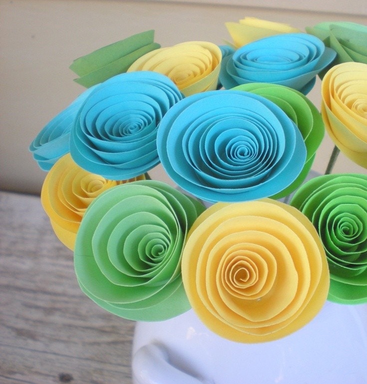 Its All About Spring Paper Flower Bouquet Yellow Turquoise