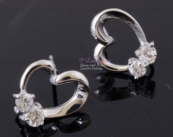 P1505 ver2.0 Nickel free Rhodium-plated, open heart(CZ) earring, 925 sterling silver post, 2pcs