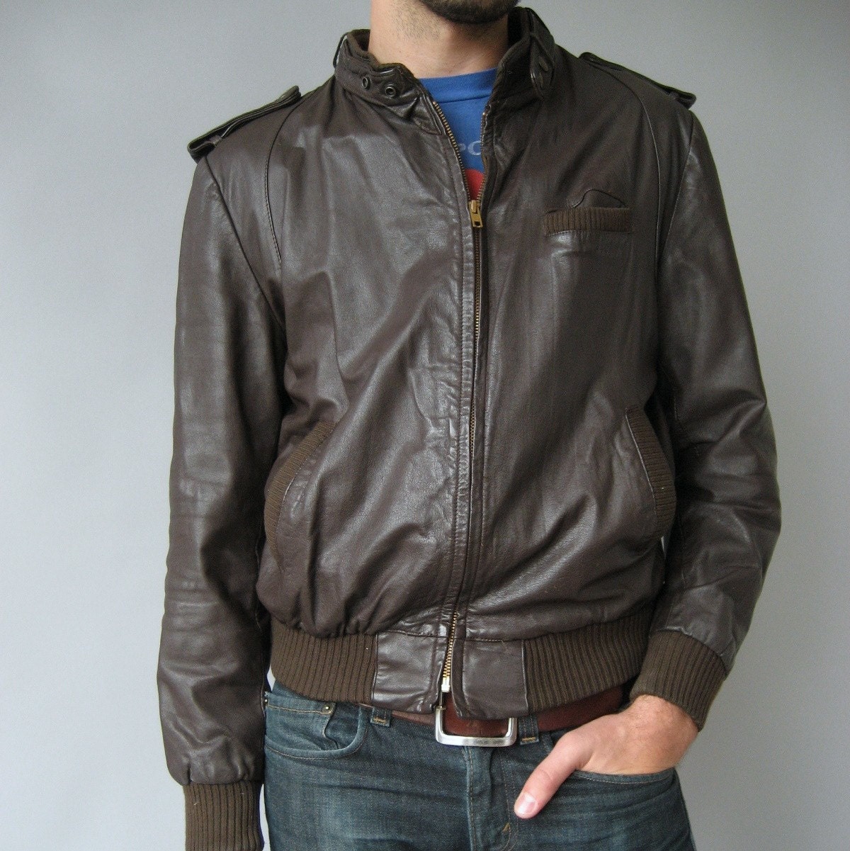 Brown Leather Members Only Bomber Jacket Small Med