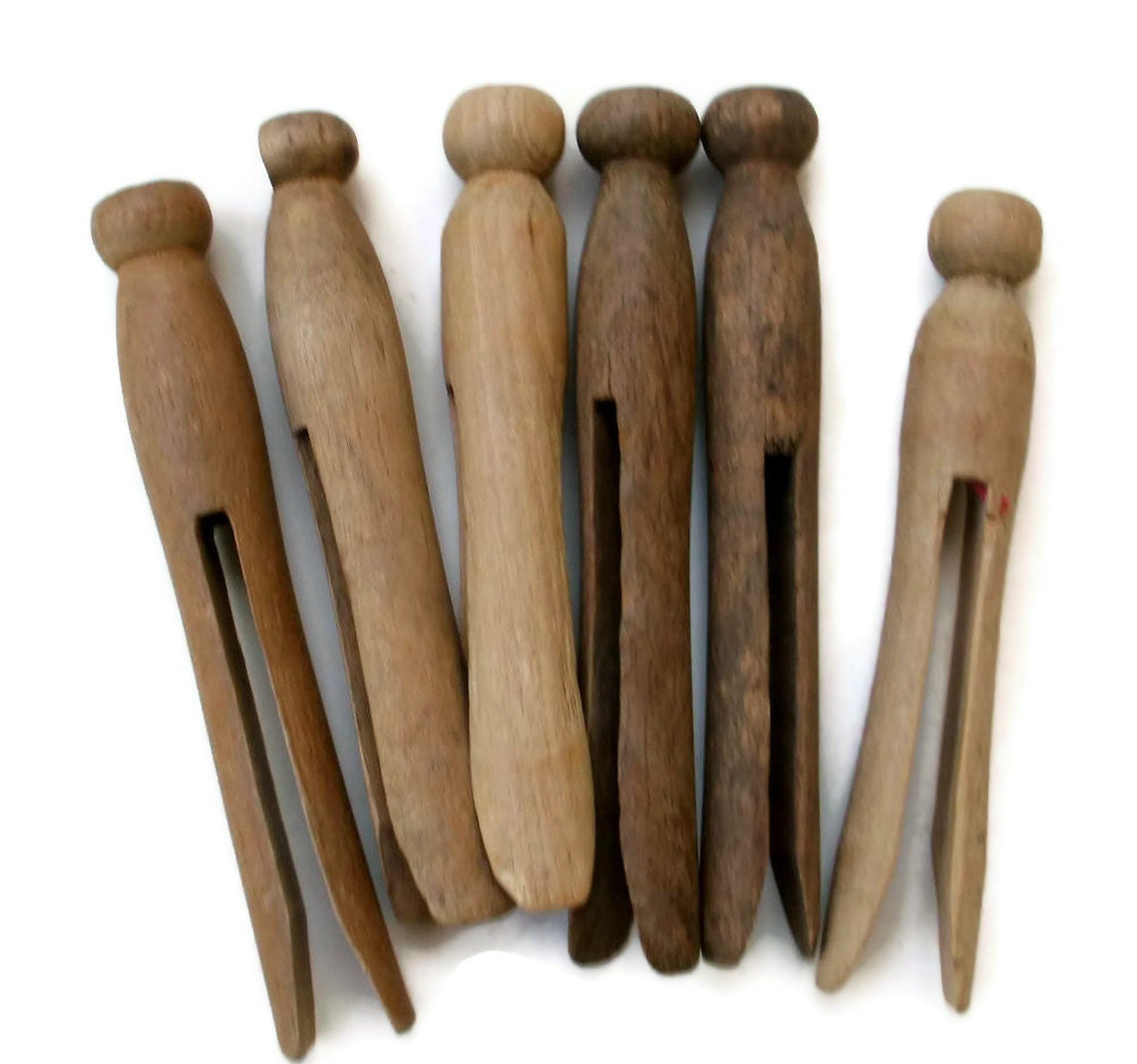 Vintage Weathered Wood Clothespins Set Of 6