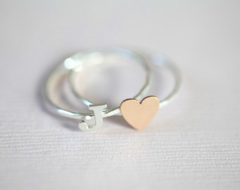 initial ring and heart ring set, personalized stack rings (gold filled tiny heart ring with sterling silver initial ring)