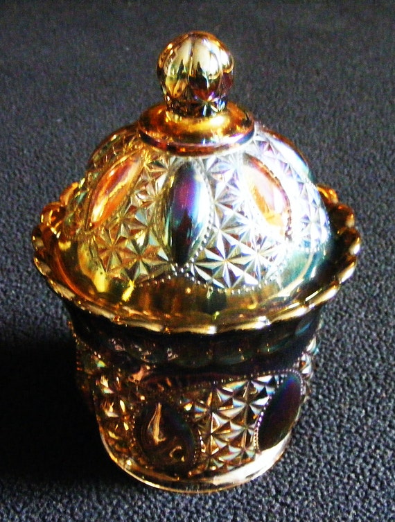 Imperial Carnival glass rare pattern candy dish with lid