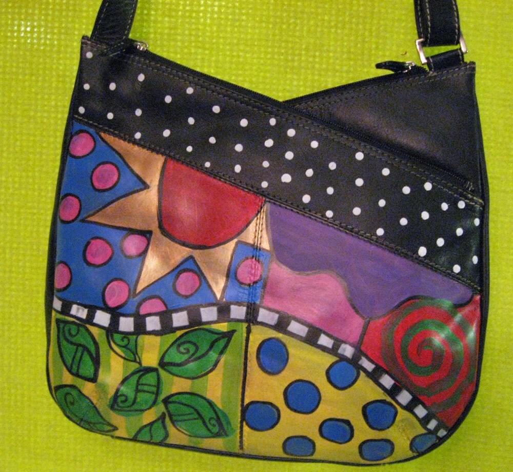 Hand painted leather purse adjustable shoulder strap ooak