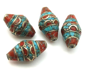 1 BEAD - Tibetan Beads bicone with turquoise coral inlay - BD107