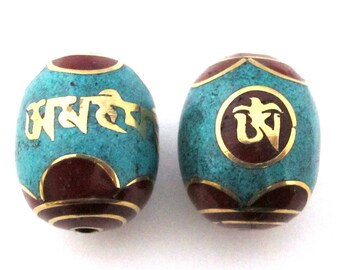 Buddhist OM Bead with turquoise coral inlay - 1 bead - BD102