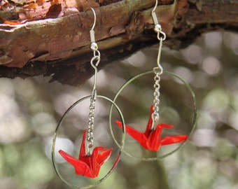 Origami Crane in Hoop Earrings - Red