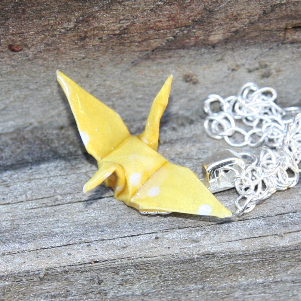 Origami Crane Necklace Yellow with White Polka by JojiCreations