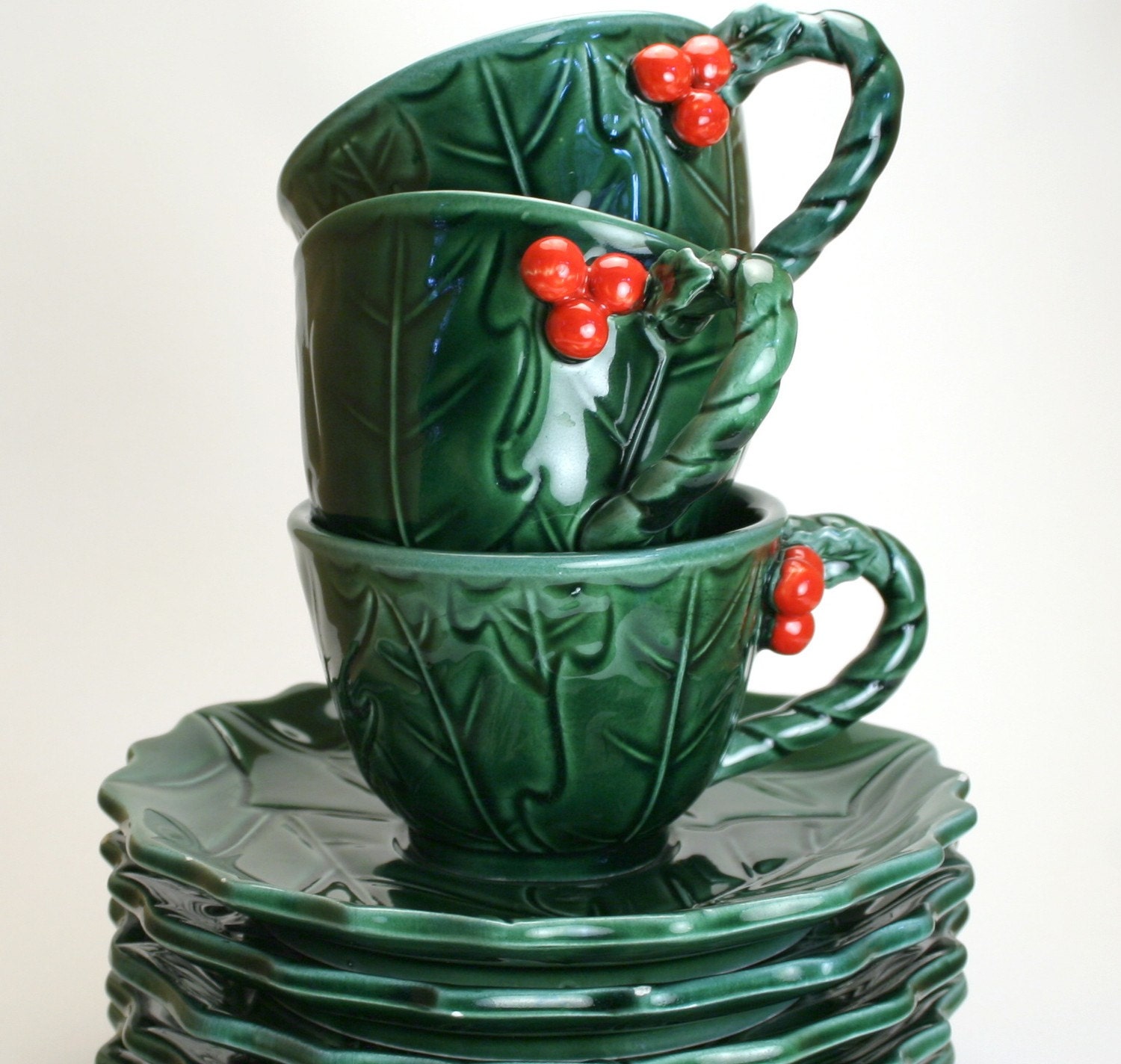 Lefton China Green Holly Cups n Saucers REDUCED SALE