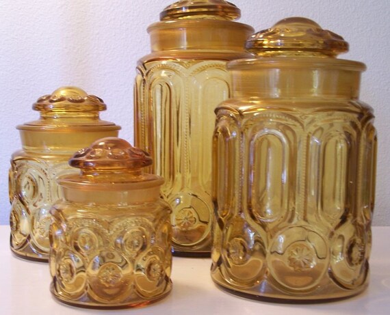 Vintage L.E. Smith Moon and Stars Amber Glass Canisters