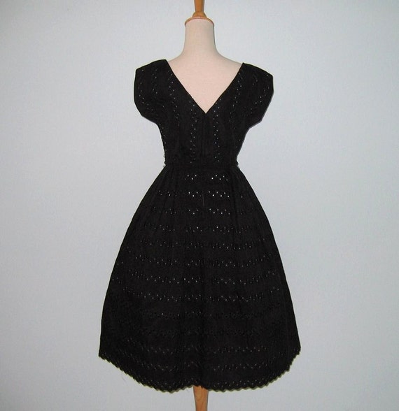 Vintage 1950s Black Eyelet Dress With Full Skirt By Justin