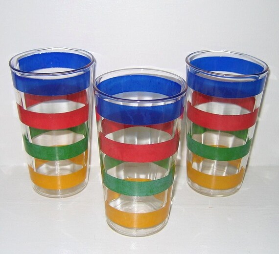 Items similar to Vintage 1950s Striped Drinking Glasses in Blue, Red