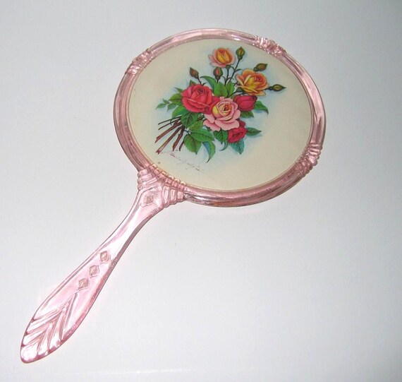 Vintage Pink Plastic Hand Mirror With Rose by SayItWithVintage