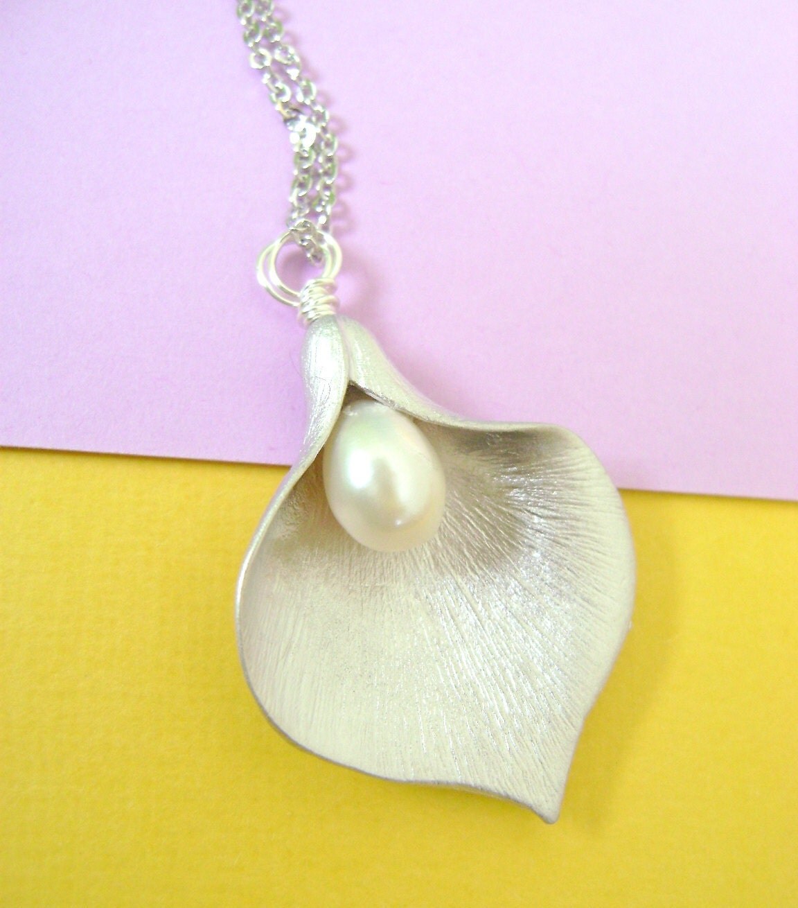 Calla Lily silver necklace with freshwater pearls