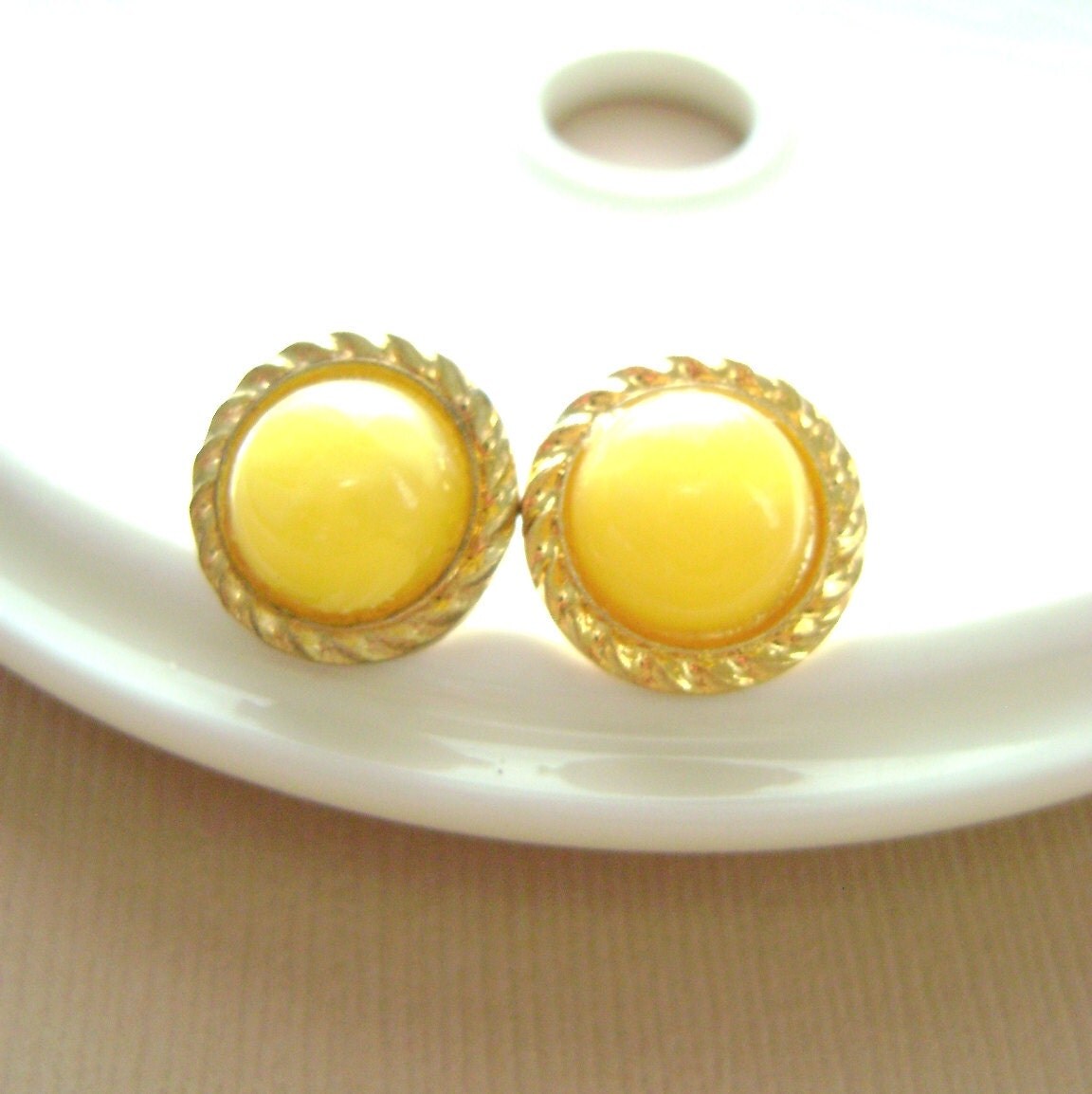 Yellow Stud earrings Gold Rope Framed Stone by RachellesJewelryBox