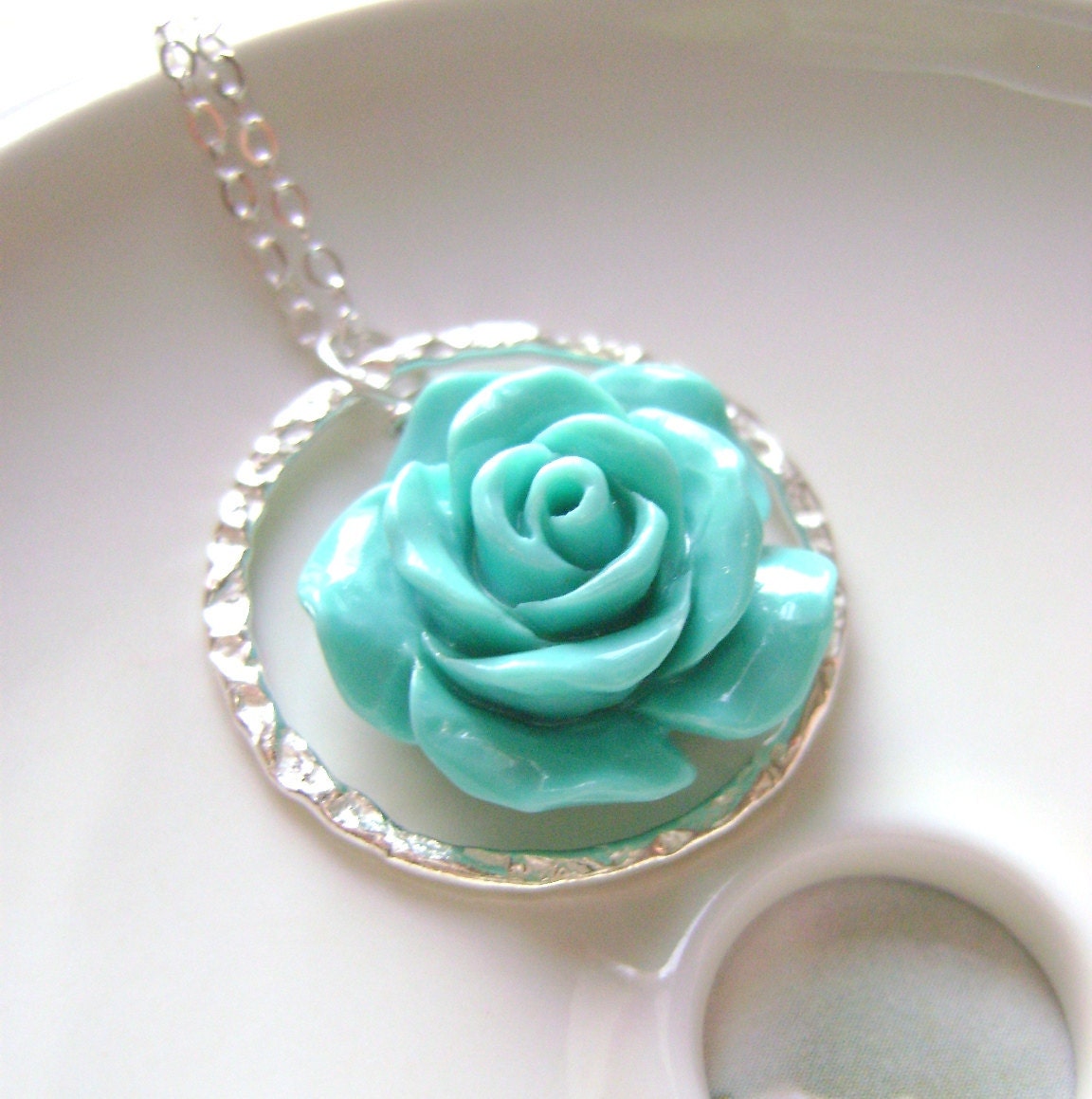 Tiffany Blue Necklace with eternity ring and carved rose