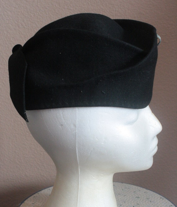 Vintage 40s Black Felt Hat Military Style Garrison Cap