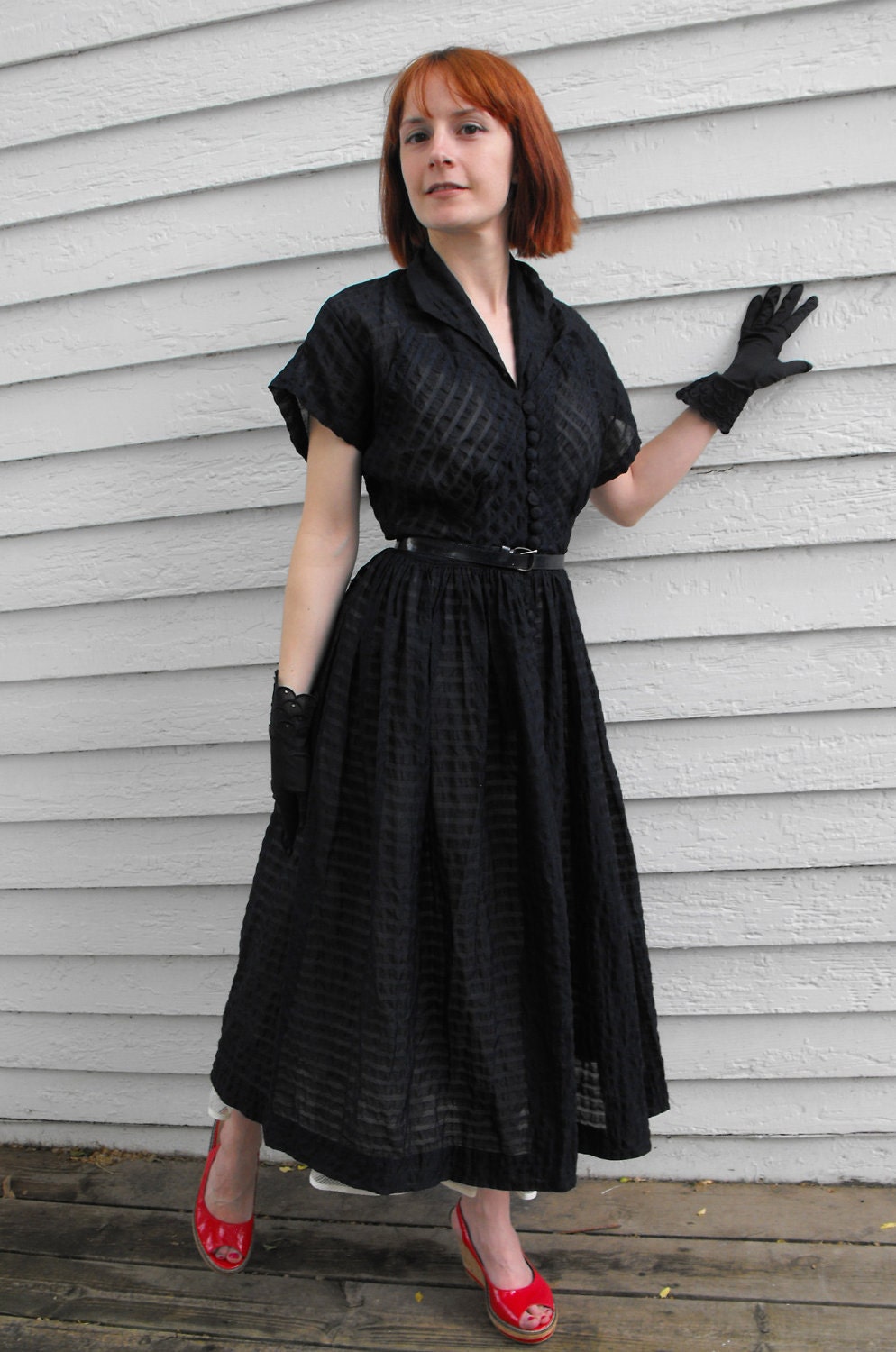 Vintage 50s Dress Sheer Stripe Rockabilly Blue XS by soulrust