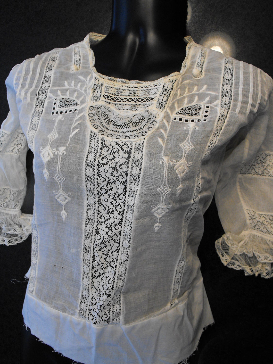 Antique Edwardian Blouse Lace Shirt Sheer Ruffle Crochet