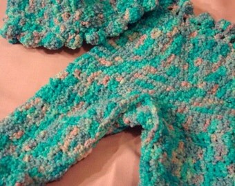 Custom Hand-Painted Wool Longie Soaker Diaper Cover with Matching Frilly Hat - Marshmallow 150
